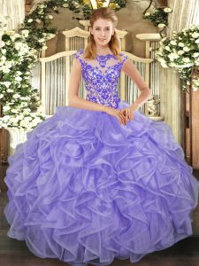 Flare Lavender Scoop Lace Up Beading and Appliques and Ruffles Sweet 16 Quinceanera Dress Cap Sleeves