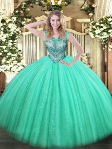 Scoop Sleeveless Lace Up Ball Gown Prom Dress Turquoise Tulle and Sequined