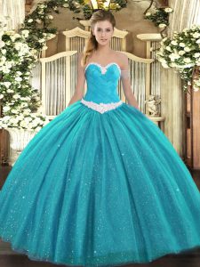 Best Selling Sleeveless Floor Length Appliques Lace Up Quinceanera Dress with Teal