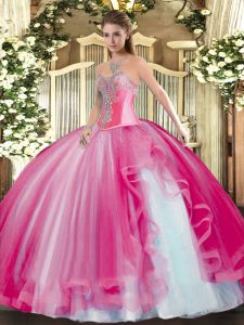 Fancy Floor Length Lace Up Quinceanera Dress Hot Pink for Military Ball and Sweet 16 and Quinceanera with Beading and Ruffles