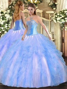 Admirable Aqua Blue Ball Gowns Beading and Ruffles Quinceanera Gown Lace Up Tulle Sleeveless Floor Length