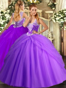 New Arrival Lavender 15th Birthday Dress Military Ball and Sweet 16 and Quinceanera with Beading and Pick Ups Straps Sleeveless Lace Up