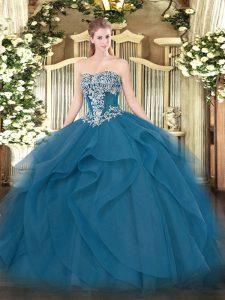 Customized Teal Strapless Neckline Beading and Ruffles Quinceanera Dresses Sleeveless Lace Up