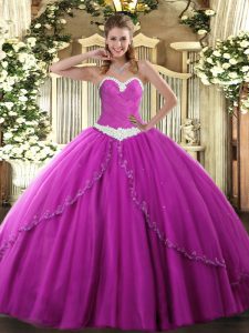 Sleeveless Tulle Brush Train Lace Up Sweet 16 Dresses in Fuchsia with Appliques