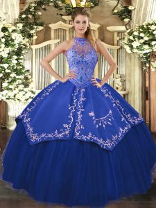 Glittering Blue Sleeveless Beading and Embroidery Floor Length Quinceanera Gowns