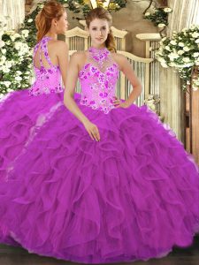 Fuchsia Sleeveless Beading and Embroidery and Ruffles Floor Length Sweet 16 Quinceanera Dress