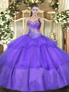 Lavender Sleeveless Beading and Ruffled Layers Floor Length Quinceanera Gown