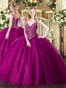 Fuchsia Ball Gowns Beading Quince Ball Gowns Lace Up Tulle Sleeveless Floor Length