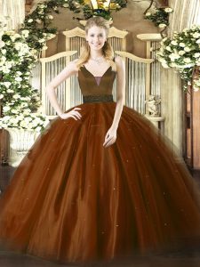 Amazing Ball Gowns Vestidos de Quinceanera Brown Straps Tulle Sleeveless Floor Length Zipper