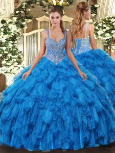 Luxurious Floor Length Blue Sweet 16 Quinceanera Dress Organza Sleeveless Beading and Ruffles
