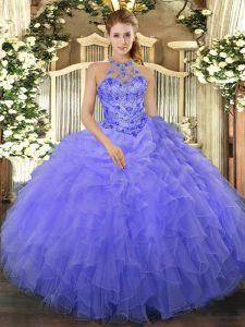 Halter Top Sleeveless Lace Up Quinceanera Gowns Blue Organza