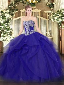 Artistic Tulle Strapless Sleeveless Lace Up Beading and Ruffles Quinceanera Dresses in Blue