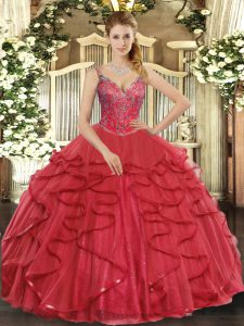Floor Length Wine Red Quinceanera Gown V-neck Sleeveless Lace Up