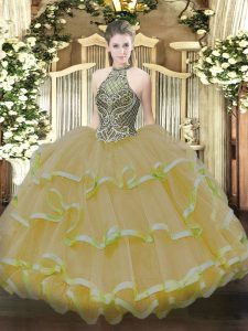Fancy Gold Sweet 16 Dresses Sweet 16 and Quinceanera with Beading and Ruffles Halter Top Sleeveless Lace Up