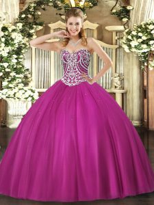 Simple Fuchsia Sweetheart Neckline Beading Quinceanera Gown Sleeveless Lace Up