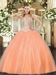 Designer Beading Sweet 16 Quinceanera Dress Peach Lace Up Sleeveless Floor Length