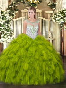 Scoop Sleeveless Zipper Quince Ball Gowns Olive Green Tulle