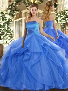 Blue Ball Gowns Tulle Strapless Sleeveless Ruffles Floor Length Lace Up 15th Birthday Dress