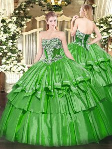 Admirable Green Organza and Taffeta Lace Up Strapless Sleeveless Floor Length Ball Gown Prom Dress Beading and Ruffled Layers