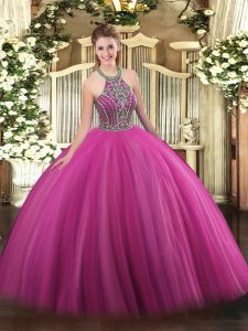 Eye-catching Hot Pink Tulle Lace Up Halter Top Sleeveless Floor Length Quince Ball Gowns Beading