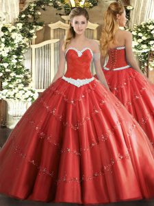 Perfect Coral Red Sweetheart Neckline Appliques Sweet 16 Quinceanera Dress Sleeveless Lace Up