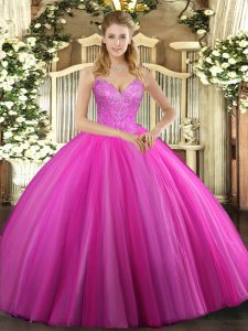 Floor Length Lace Up Quinceanera Dresses Fuchsia for Military Ball and Sweet 16 and Quinceanera with Beading