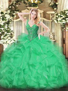 Green Sleeveless Floor Length Beading and Ruffles Lace Up Sweet 16 Quinceanera Dress