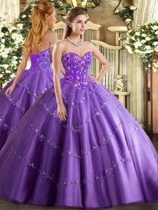 Captivating Lavender Sleeveless Floor Length Appliques and Embroidery Lace Up Ball Gown Prom Dress
