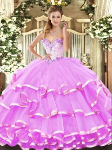 Nice Lilac Ball Gowns Beading and Ruffled Layers Quince Ball Gowns Lace Up Organza Sleeveless Floor Length