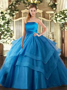 Smart Sleeveless Tulle Floor Length Lace Up Quinceanera Gowns in Baby Blue with Ruffled Layers