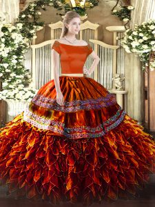 Stunning Off The Shoulder Short Sleeves Zipper Quinceanera Gowns Rust Red Organza