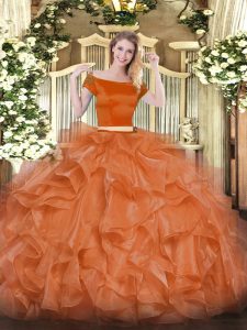 Beautiful Off The Shoulder Short Sleeves Organza Quince Ball Gowns Appliques and Ruffles Zipper