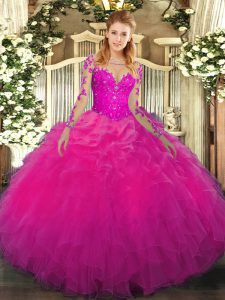 Glamorous Floor Length Ball Gowns Long Sleeves Fuchsia Sweet 16 Dress Lace Up
