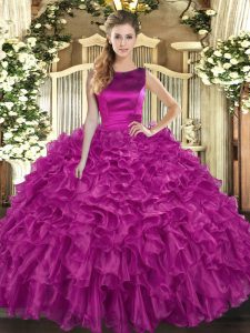 Perfect Floor Length Lace Up Ball Gown Prom Dress Fuchsia for Military Ball and Sweet 16 and Quinceanera with Ruffles
