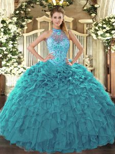 Dramatic Sleeveless Beading and Embroidery and Ruffles Lace Up Quinceanera Dress