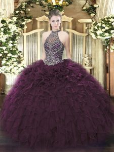 Flare Dark Purple Sleeveless Beading and Ruffles Floor Length Quinceanera Gown
