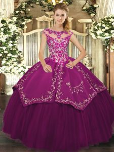 Scoop Cap Sleeves Vestidos de Quinceanera Floor Length Beading and Embroidery Purple Satin and Tulle