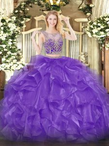 Perfect Organza Scoop Sleeveless Lace Up Beading and Ruffles Ball Gown Prom Dress in Eggplant Purple