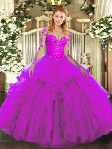 Scoop Long Sleeves Quinceanera Dress Floor Length Lace and Ruffles Fuchsia Tulle
