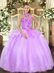 Edgy Lilac Halter Top Lace Up Embroidery Sweet 16 Quinceanera Dress Sleeveless
