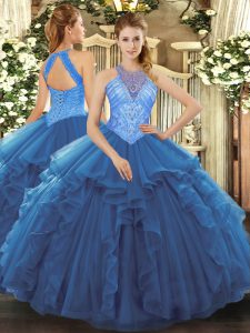 Noble High-neck Sleeveless Quinceanera Dresses Floor Length Beading and Ruffles Blue Organza