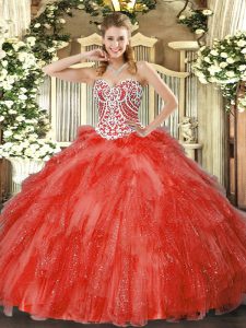 Hot Selling Coral Red Sleeveless Beading and Ruffles Floor Length 15 Quinceanera Dress