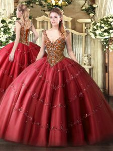 Best Selling V-neck Sleeveless Sweet 16 Dress Floor Length Beading and Appliques Red Tulle