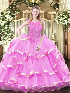 Shining Scoop Sleeveless Sweet 16 Quinceanera Dress Floor Length Beading and Ruffled Layers Lilac Organza