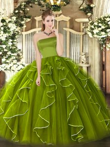 Strapless Sleeveless Zipper Sweet 16 Quinceanera Dress Olive Green Tulle