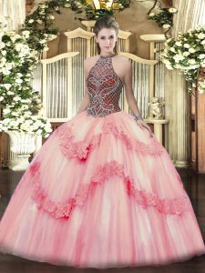 Pink Sleeveless Tulle Lace Up Quinceanera Gowns for Sweet 16 and Quinceanera