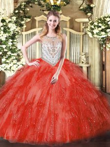Scoop Sleeveless Zipper Vestidos de Quinceanera Coral Red Tulle