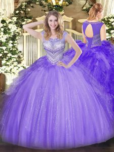 Cute Lavender Ball Gowns Tulle Scoop Sleeveless Beading Floor Length Lace Up Quinceanera Dress