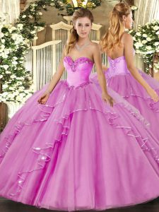 Sweetheart Sleeveless Tulle Quinceanera Gowns Beading and Ruffles Lace Up