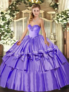 Fine Lavender Quince Ball Gowns Military Ball and Sweet 16 and Quinceanera with Beading and Ruffled Layers Sweetheart Sleeveless Lace Up
